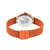 Bering Damenuhr Rückansicht mit Gravur, orangefarbenes Milanaise-Armband, Roségold