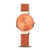 Damenuhr Bering mit rundem orangefarbenem Zifferblatt, orangefarbenem Mesh-Armband, roségoldfarbener Lünette