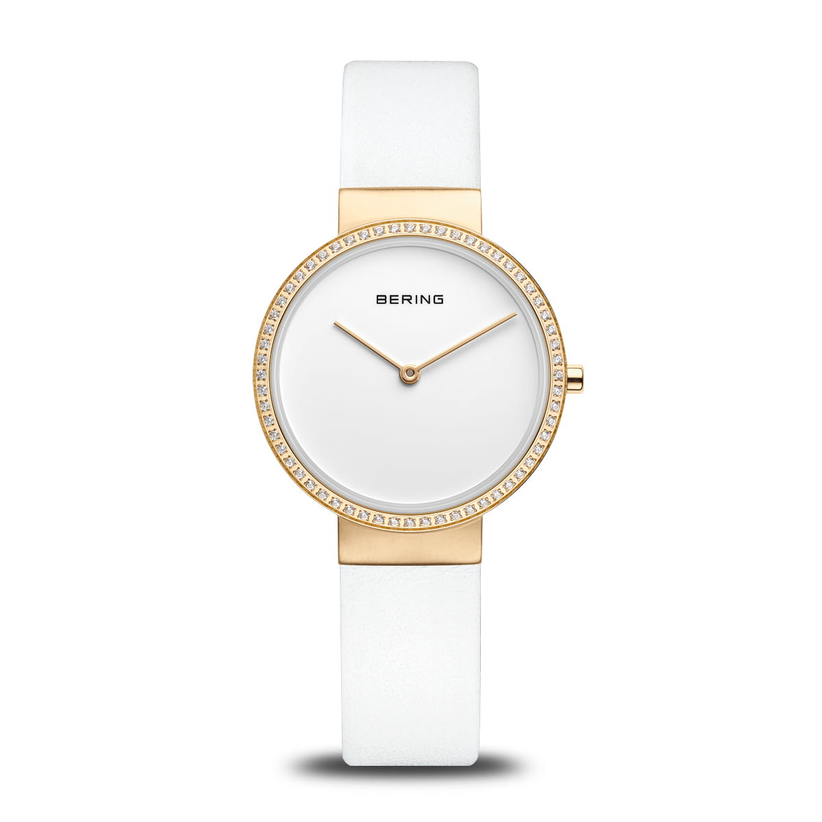 Damenuhr mit weißem Lederarmband, weißem Zifferblatt und goldfarbener Lünette