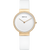BERING Damenuhr mit weißem Zifferblatt, goldener Lünette und weißem Armband