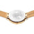 Damenuhr Rückansicht mit braunem Lederarmband und goldfarbener Gehäuseabdeckung mit Gravur
