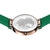 Bering Damen-Armbanduhr-Rückseite mit silberner Gravur und grünem Milanaise-Armband