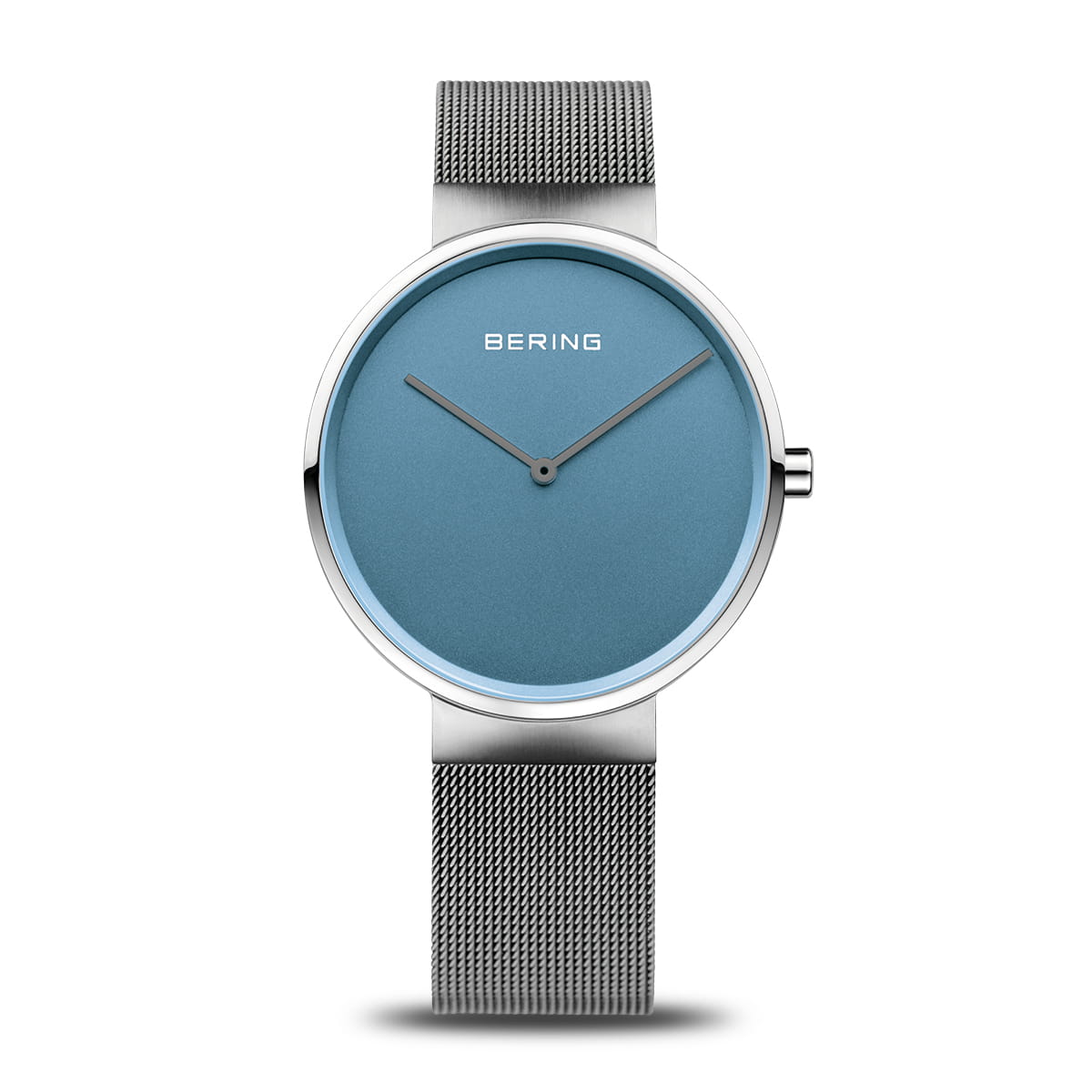 Bering Armbanduhr mit blauem Zifferblatt, silbernem Milanaise-Armband und Saphirglas
