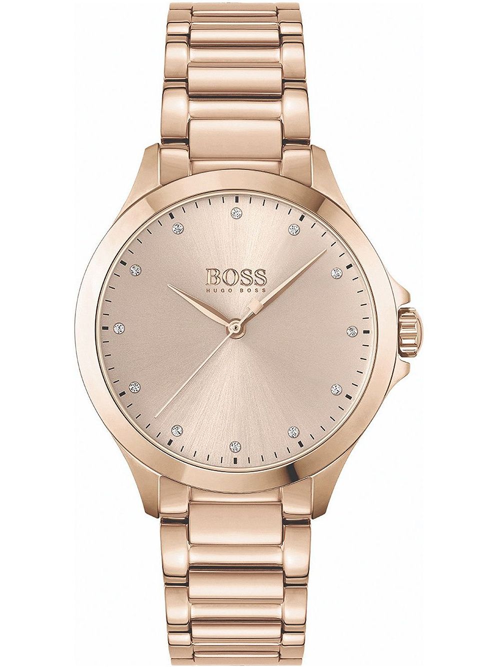 Damenarmbanduhr BOSS Grace, Roségoldfarbenes Metallband, beiges Zifferblatt mit Steinbesatz
