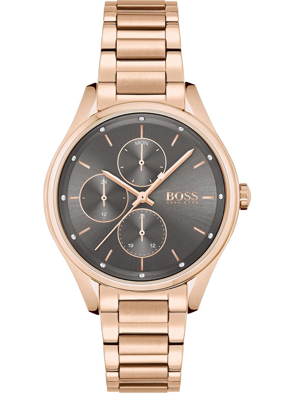 Damenuhr mit roségoldfarbenem Edelstahlarmband, schwarzem Chronographenzifferblatt