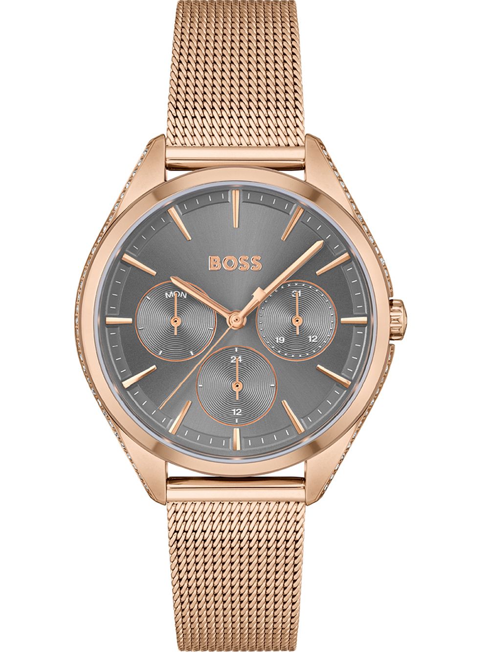 Damenarmbanduhr mit roségoldenem Milanaise-Armband und dunkelgrauem Zifferblatt