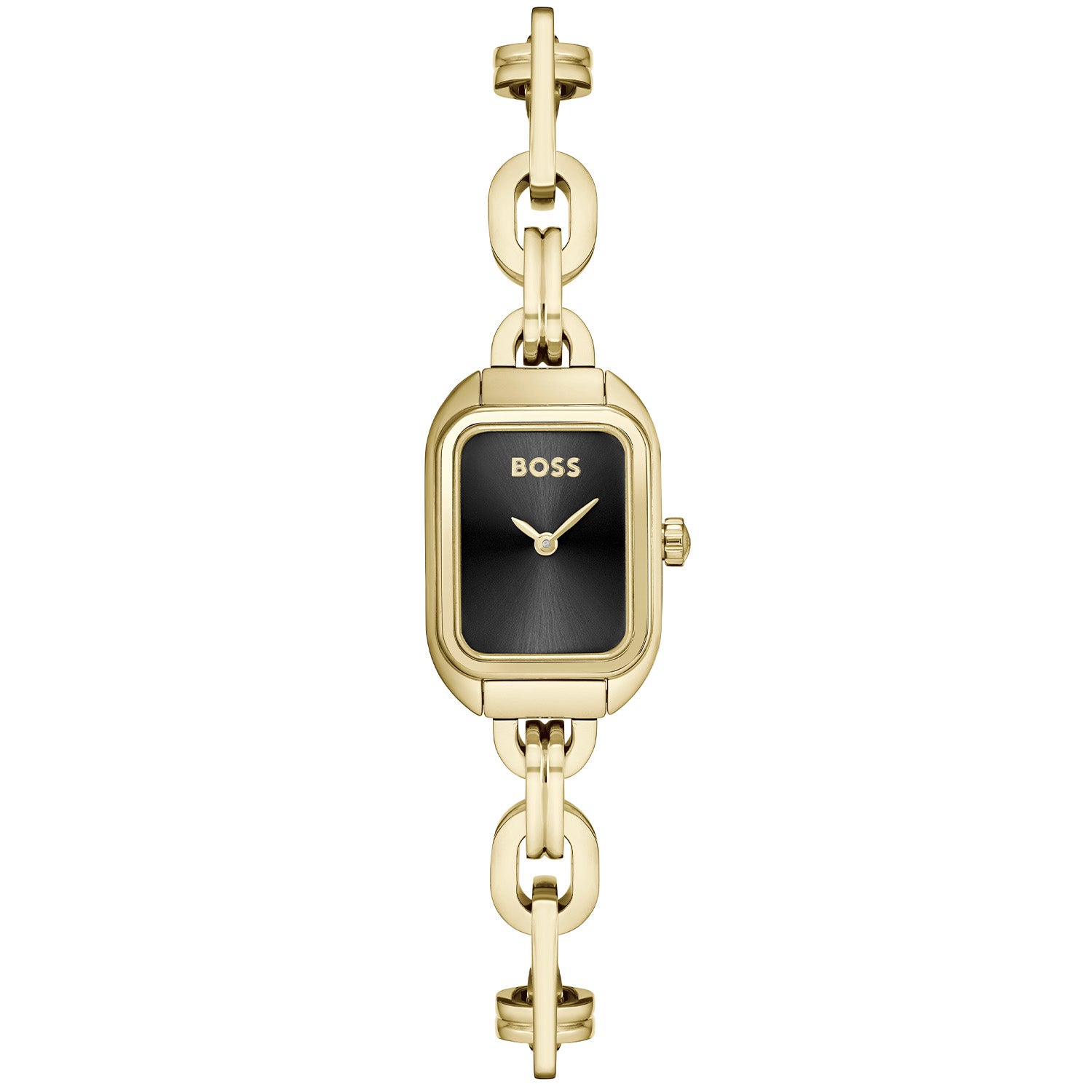 Damenarmbanduhr mit goldfarbenem Gliederarmband und schwarzem Zifferblatt