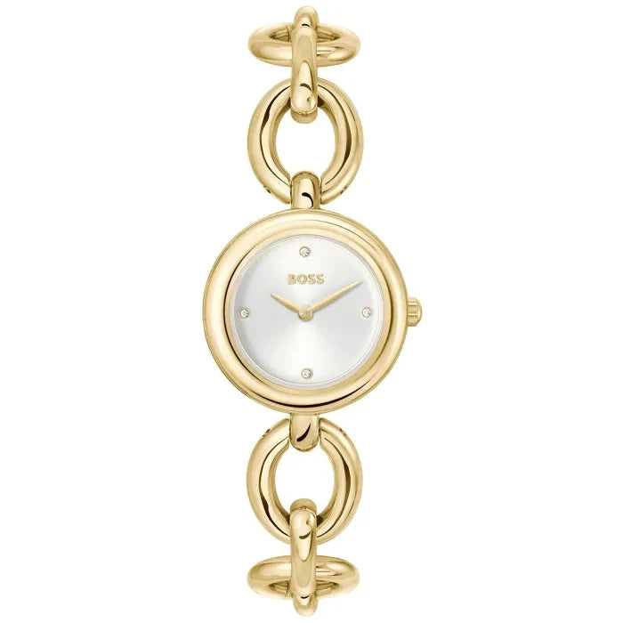 Damenarmbanduhr mit rundem 28-mm-Gehäuse, goldenem Gliederarmband und weißem Zifferblatt