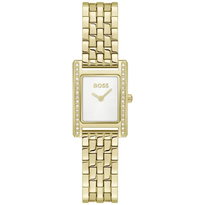 BOSS Damenarmbanduhr goldfarben mit rechteckigem Zifferblatt, Steinbesatz und Gliederarmband