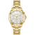 Goldene Damenarmbanduhr mit Chronograph-Optik, Metallarmband und weißem Zifferblatt
