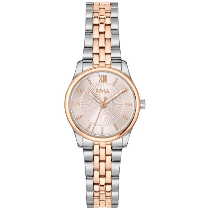 Damenarmbanduhr BOSS mit bicolor Armband rosé/silber und rundem Zifferblatt mit römischen Zahlen