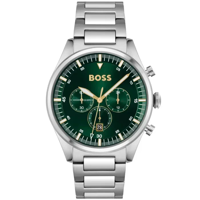 Herren-Chronograph BOSS Pioneer, grünes Zifferblatt, Edelstahlarmband, Quarzwerk
