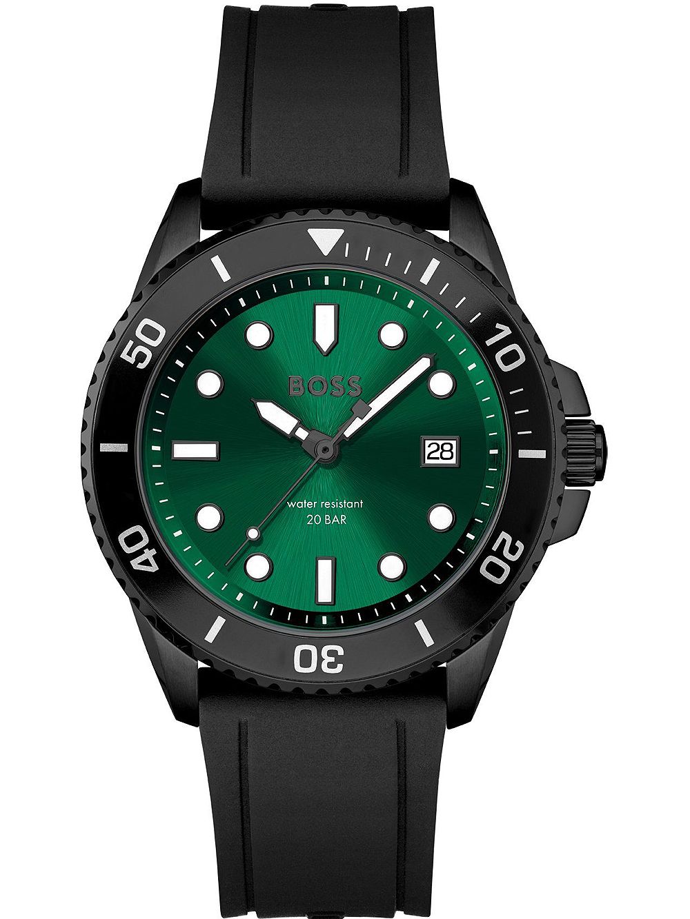 Herrenarmbanduhr mit grünem Zifferblatt, schwarzem Silikonband und Datumsanzeige