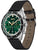 Herrenuhr-Chronograph seitlich mit grünem Zifferblatt, schwarzem Textilarmband und Lederfutter