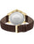 Herrenuhr von hinten: goldfarbener Gehäuseboden, braunes Lederarmband mit Lochreihe
