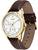 Herrenuhr mit goldfarbenem Gehäuse und braunem Lederarmband, seitliche Krone