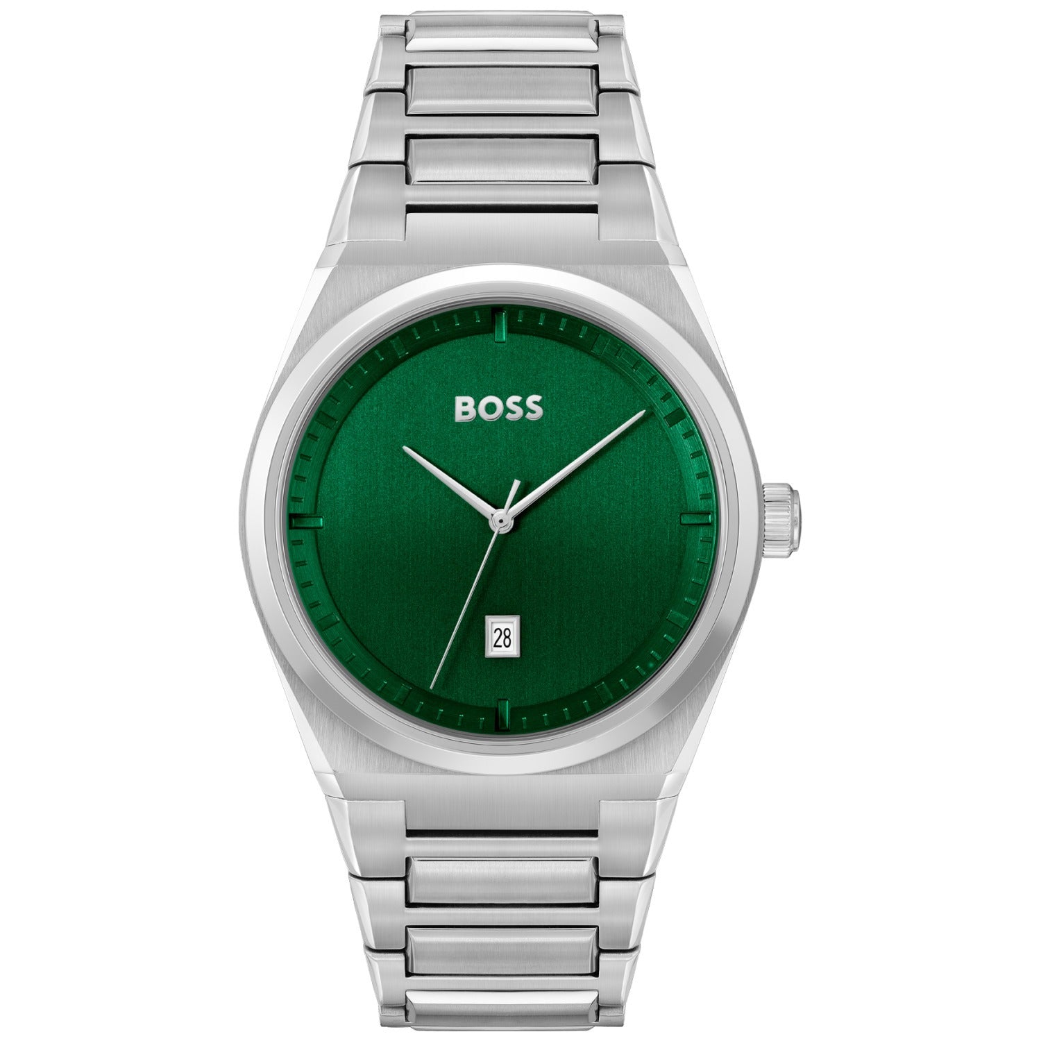 Herrenarmbanduhr BOSS mit grünem Zifferblatt, silbernem Metallband und Datumsanzeige