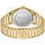 Rückseite einer goldfarbenen Damenarmbanduhr mit BOSS Aufdruck und Metallarmband