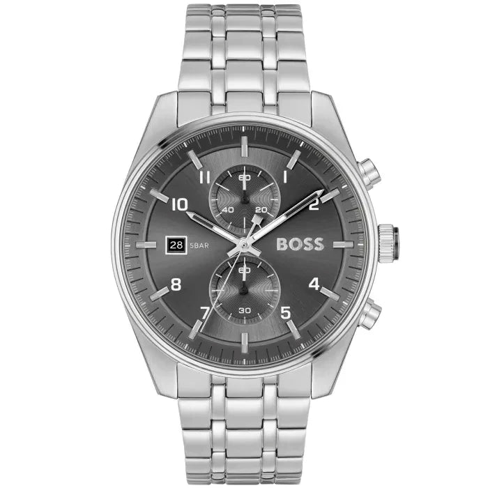 BOSS Herren-Armbanduhr mit Edelstahlarmband, grauem Zifferblatt und Chronograph, Mineralglas