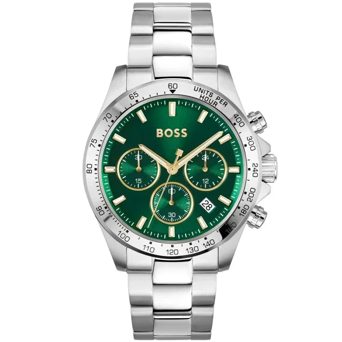 BOSS Herrenarmbanduhr mit grünem Chronographenzifferblatt, Edelstahlband und Mineralglas