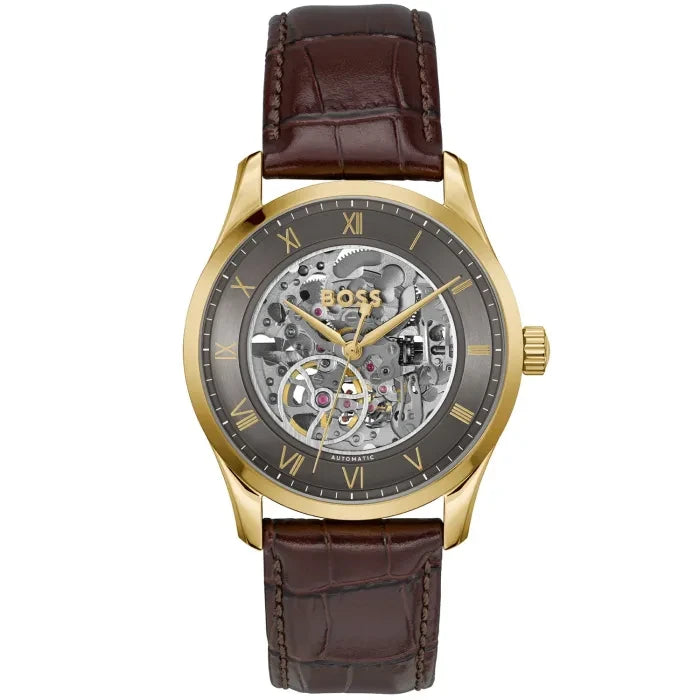 BOSS Automatik-Uhr mit Skelettzifferblatt, goldfarbenem Gehäuse und braunem Lederarmband