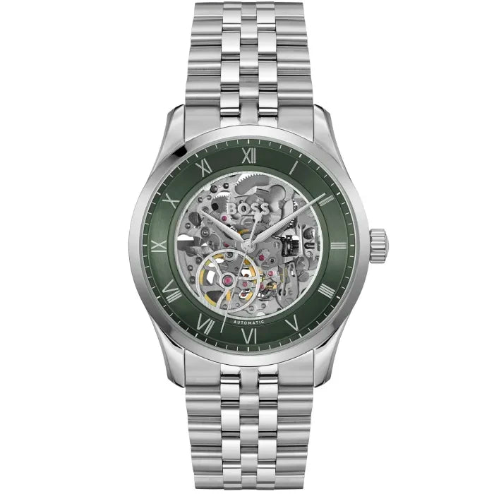 BOSS Herrenarmbanduhr mit silbernem Edelstahlband und grünem skelettiertem Automatikzifferblatt