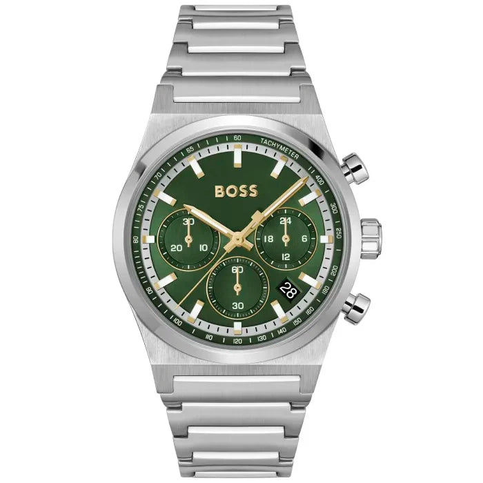 BOSS Herren-Armbanduhr mit Chronograph, silberfarbenem Edelstahlband und grüner Ziffernblattfarbe