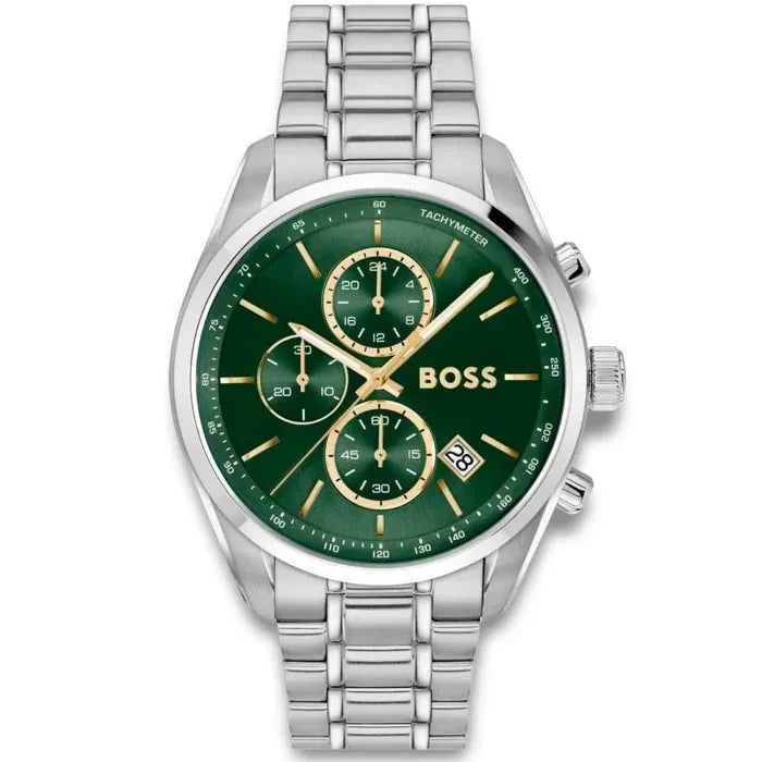 BOSS Herrenarmbanduhr mit grünem Zifferblatt, Edelstahlband und Tachymeter-Umrandung