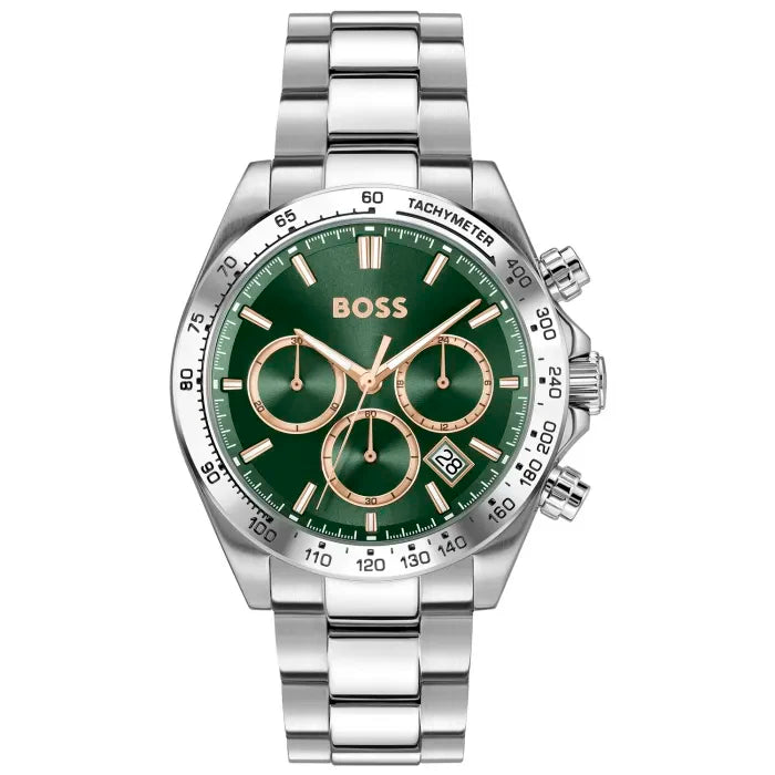 BOSS Herren-Chronographenuhr mit grünem Zifferblatt, Edelstahlarmband und Datum