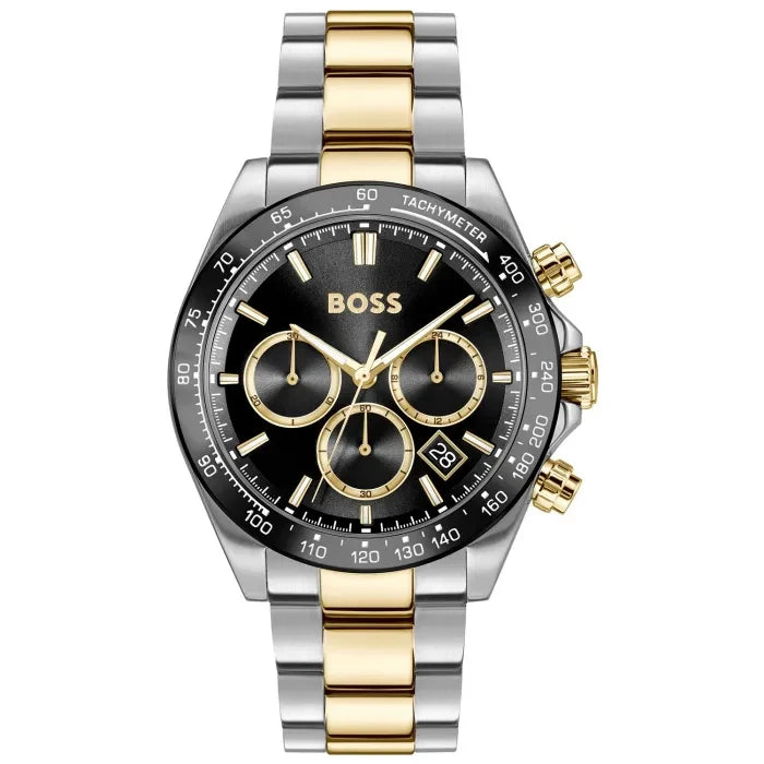 BOSS Chronograph-Armbanduhr für Herren mit schwarzem Zifferblatt, Gold-Silber-Band