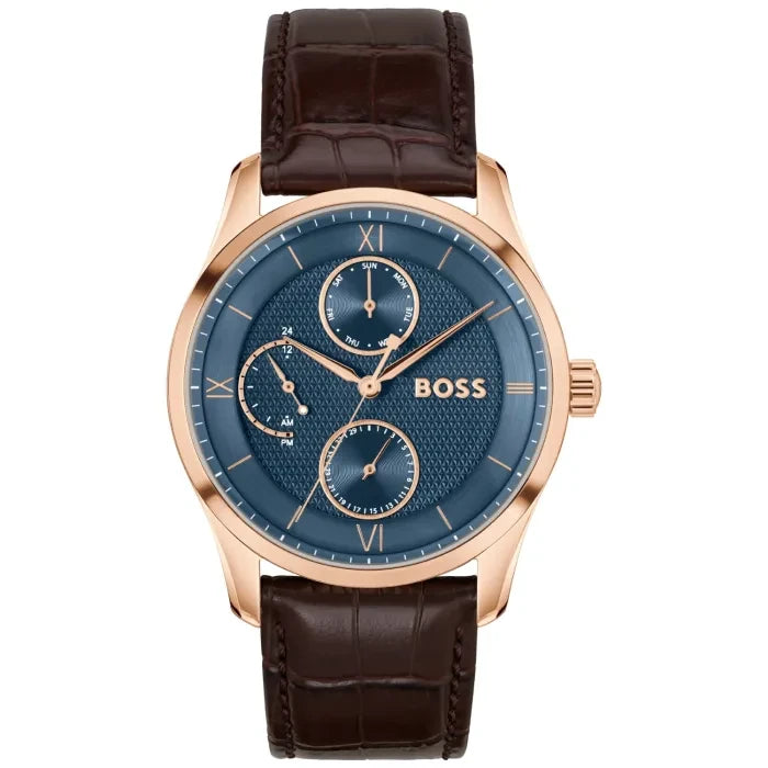 Herrenarmbanduhr BOSS mit roségoldfarbenem Edelstahlgehäuse, blauem Zifferblatt & Lederarmband