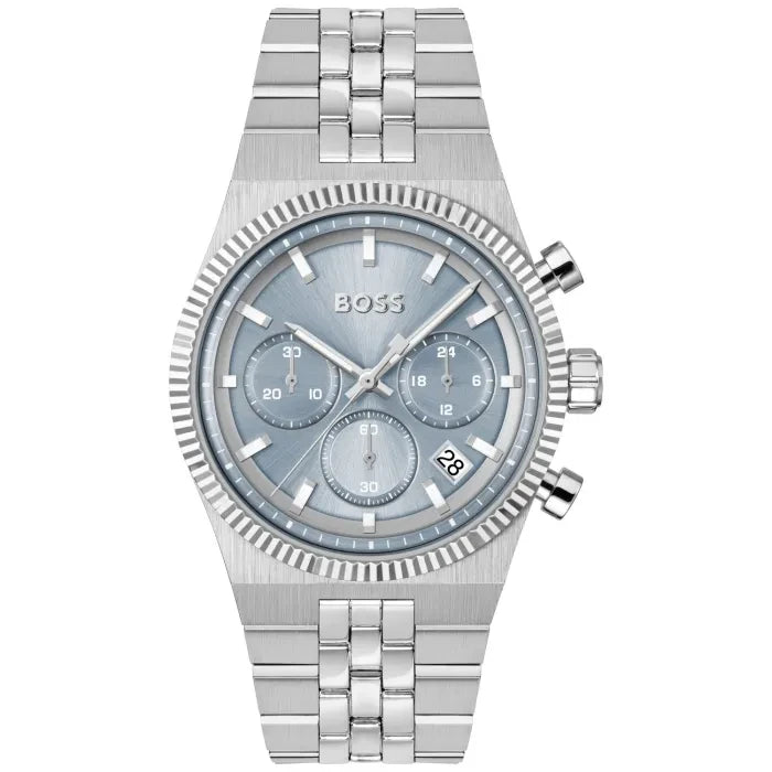 BOSS Candor Prime Herren-Armbanduhr mit Chronograph, Edelstahlband und hellblauem Zifferblatt