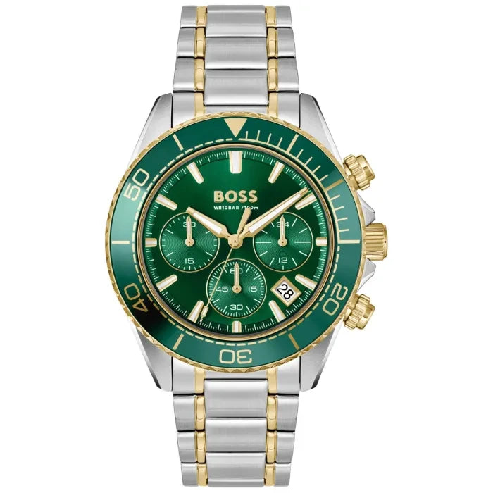 Herren-Armbanduhr BOSS mit grünem Chronograph-Zifferblatt, zweifarbigem Edelstahlarmband