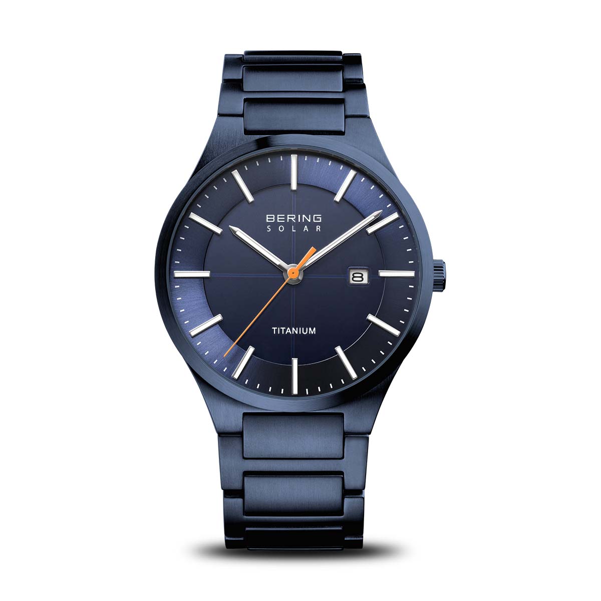 Herrenarmbanduhr mit blauem Zifferblatt, Titanband und Leuchtindexen, Solarwerk-Anzeige.