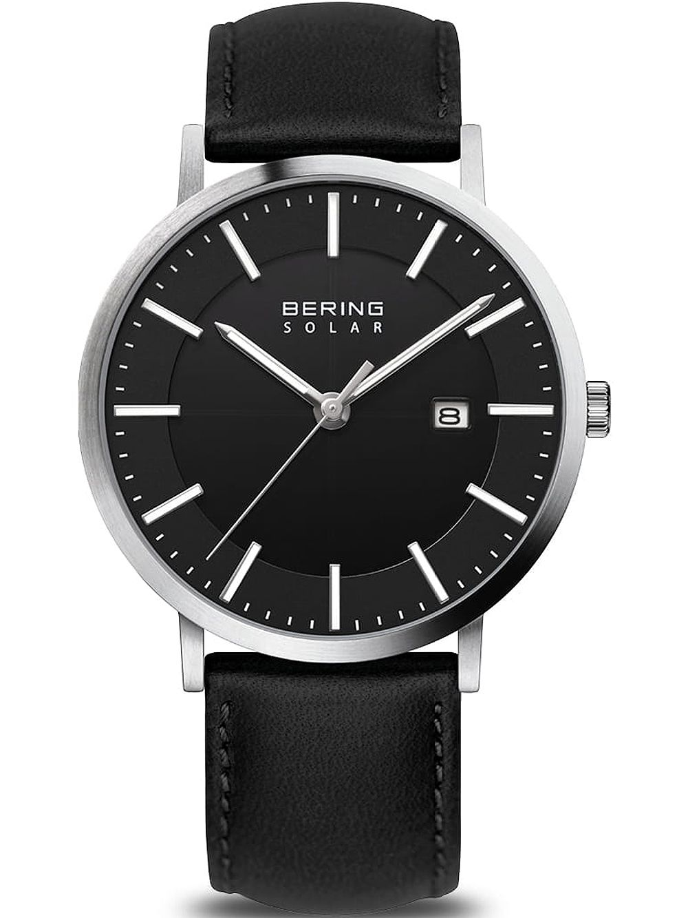 Herrenuhr mit schwarzem Zifferblatt, silbernem Gehäuse und schwarzem Lederarmband