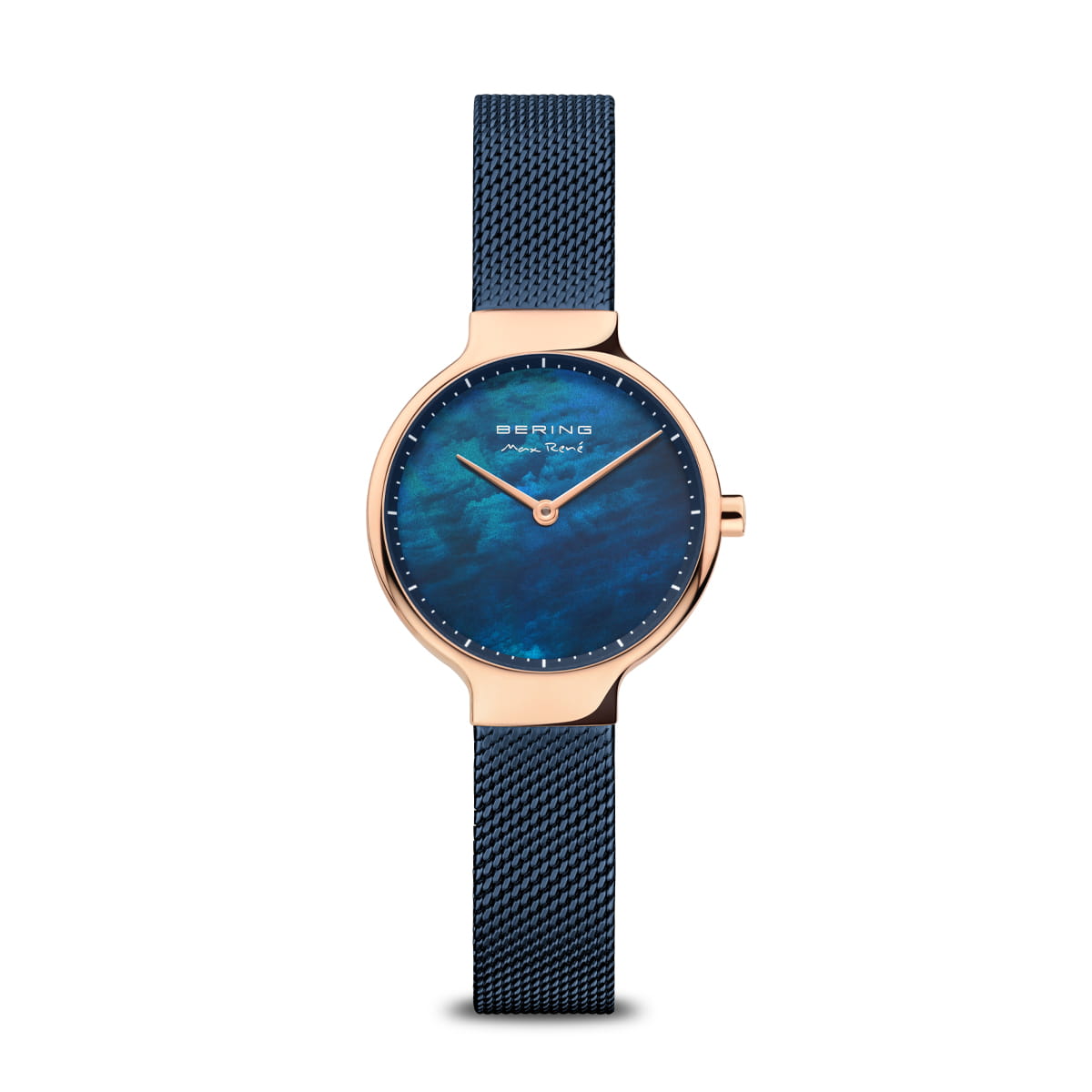 Damenuhr mit rundem Roségoldgehäuse, dunkelblauem Zifferblatt und Mesh-Armband