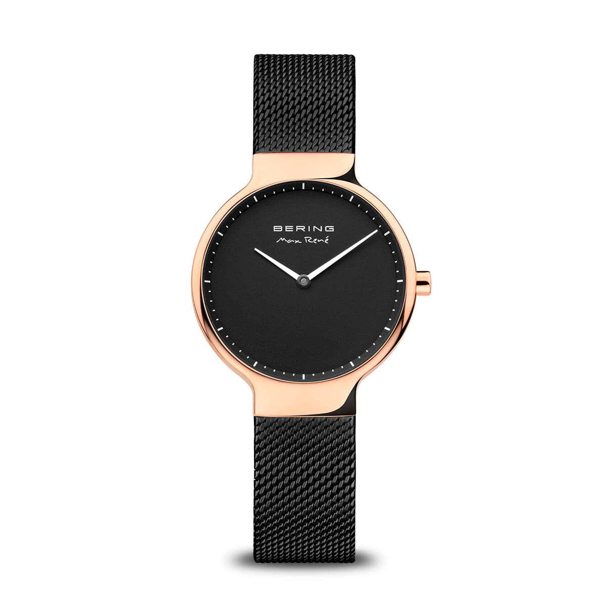 Damenuhr mit schwarzem Zifferblatt, roségoldenem Gehäuse und schwarzem Milanaise-Armband
