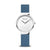 Damenuhr mit weißem Zifferblatt und blauem Lederarmband, rundes Edelstahlgehäuse