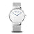 Herrenuhr mit silbernem Mesh-Armband und weißem Zifferblatt, blaue Zeiger