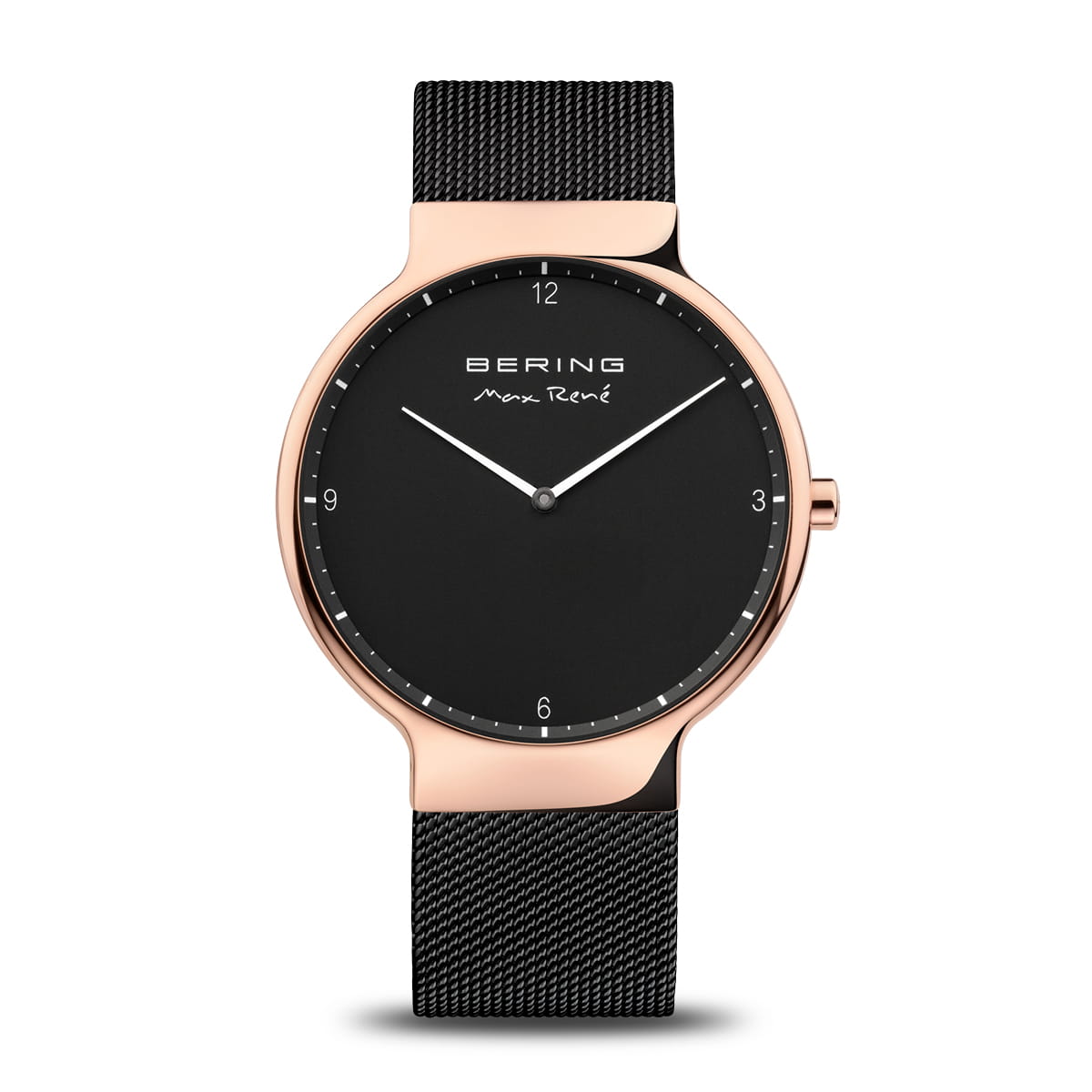 Herrenuhr mit schwarzem Zifferblatt, Roségoldgehäuse und schwarzem Milanaise-Armband