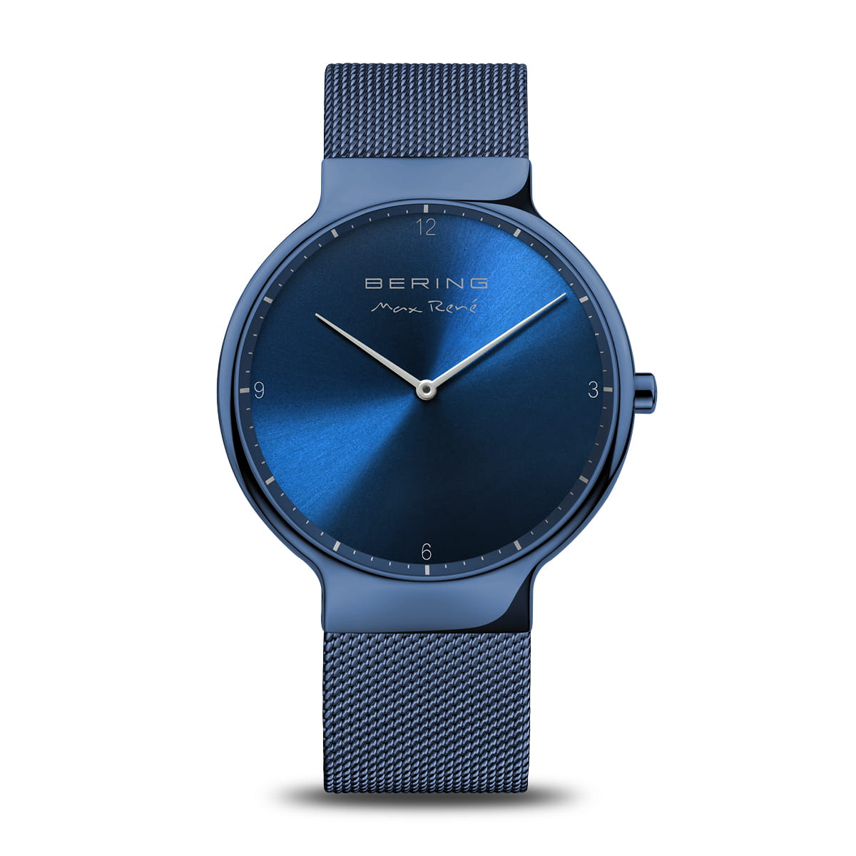 Bering Herrenuhr Max René mit blauem Zifferblatt, rundem Gehäuse und Meshband
