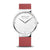 Herrenuhr mit silbernem Gehäuse, weißem Zifferblatt und rotem Silikonarmband