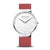 Herrenuhr: weißes Zifferblatt, rotes Armband, silberfarbener Gehäuserand