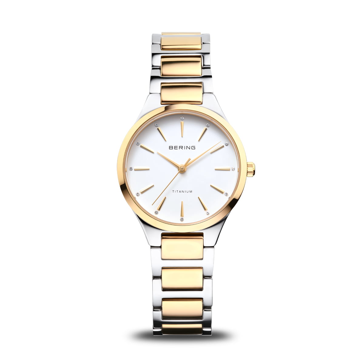 Bering Damenuhr mit Saphirglas, zweifarbigem Metallarmband und weißem Zifferblatt
