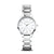 Silberne Damen-Armbanduhr mit rundem Zifferblatt und Metallarmband