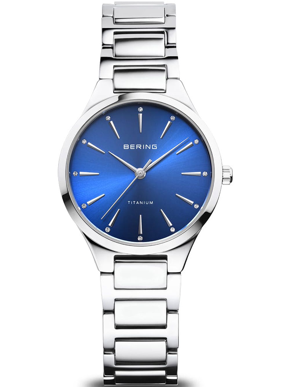 Bering Damenarmbanduhr mit blauem Zifferblatt und silbernem Metallband, Saphirglas