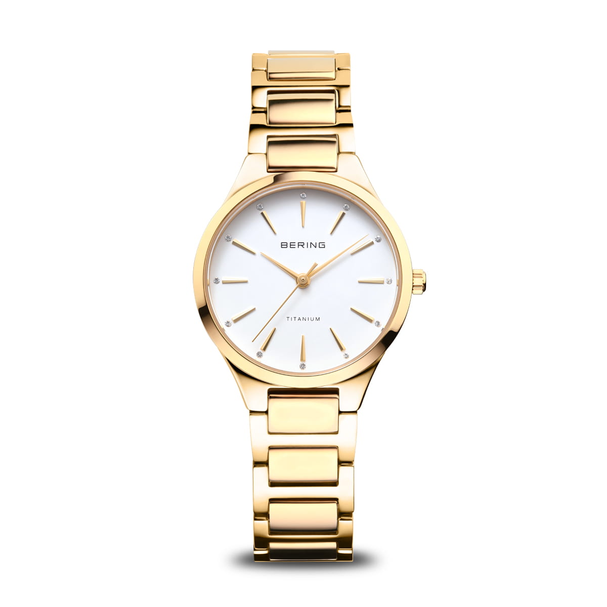 Bering Damenuhr mit goldfarbenem Metallarmband und weißem Zifferblatt