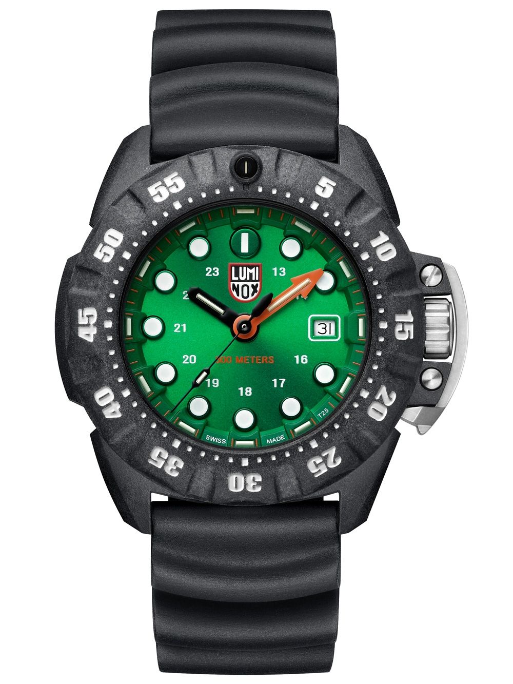 Zegarek męski Luminox z zieloną tarczą, czarnym paskiem z kauczuku i stalową koronką.