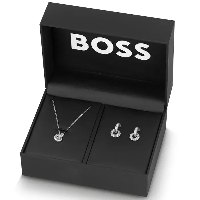 Schmuck-Geschenkset: silberne Kette und Ohrclips im schwarzen Etui
