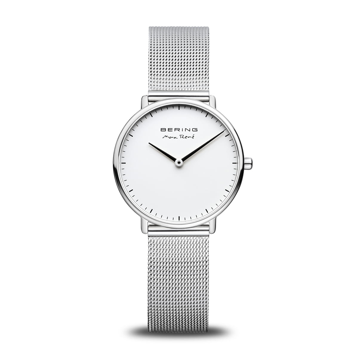 Bering Max René Damenarmbanduhr mit silberfarbenem Milanaise-Armband und rundem weißem Zifferblatt